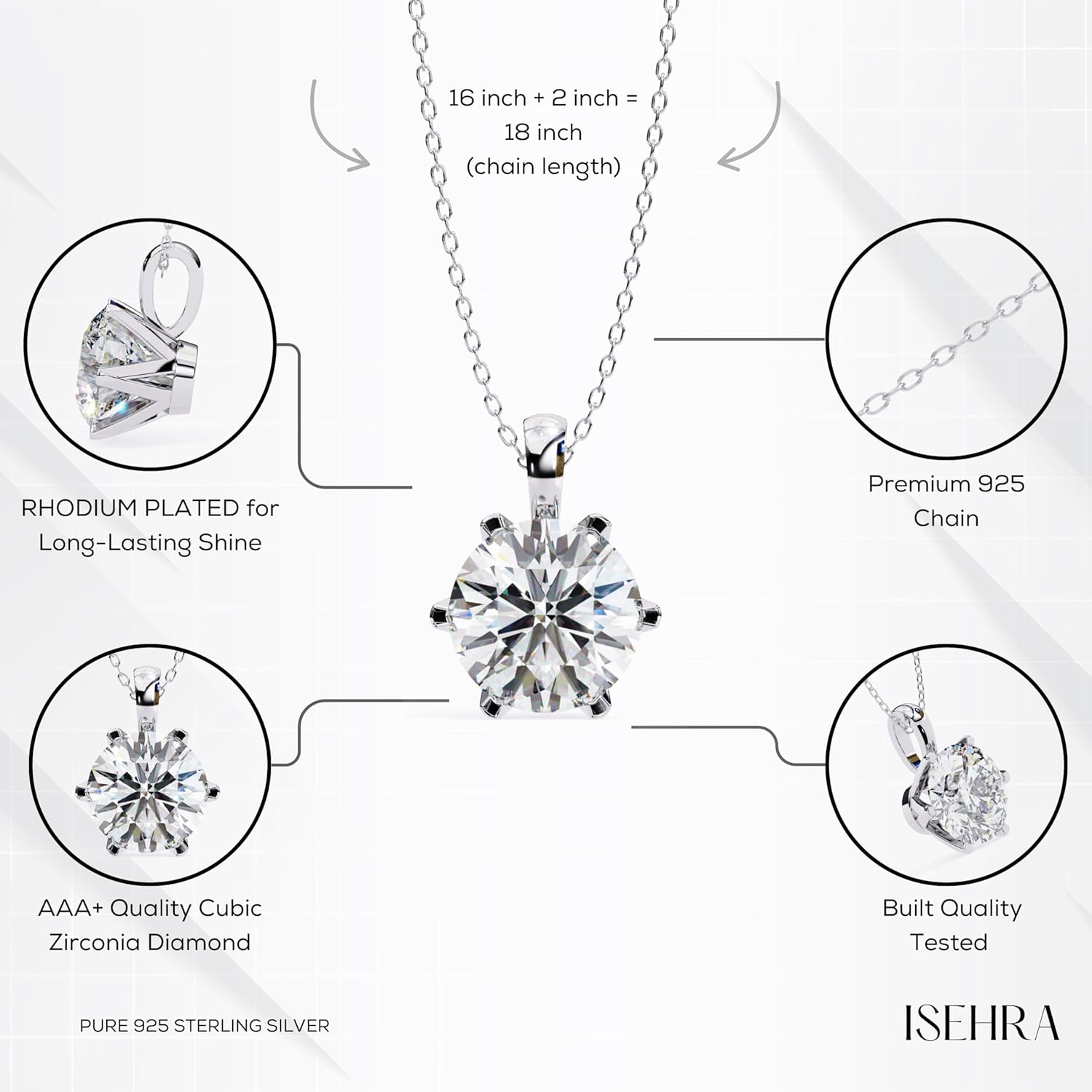 ISEHRA Pure Radiance Solitaire Sterling Silver Pendant Necklace for Women