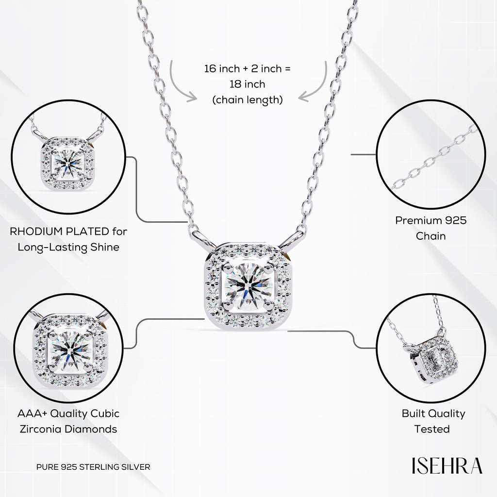 ISEHRA Cushion Sparkle Sterling Silver Pendant Necklace for Women