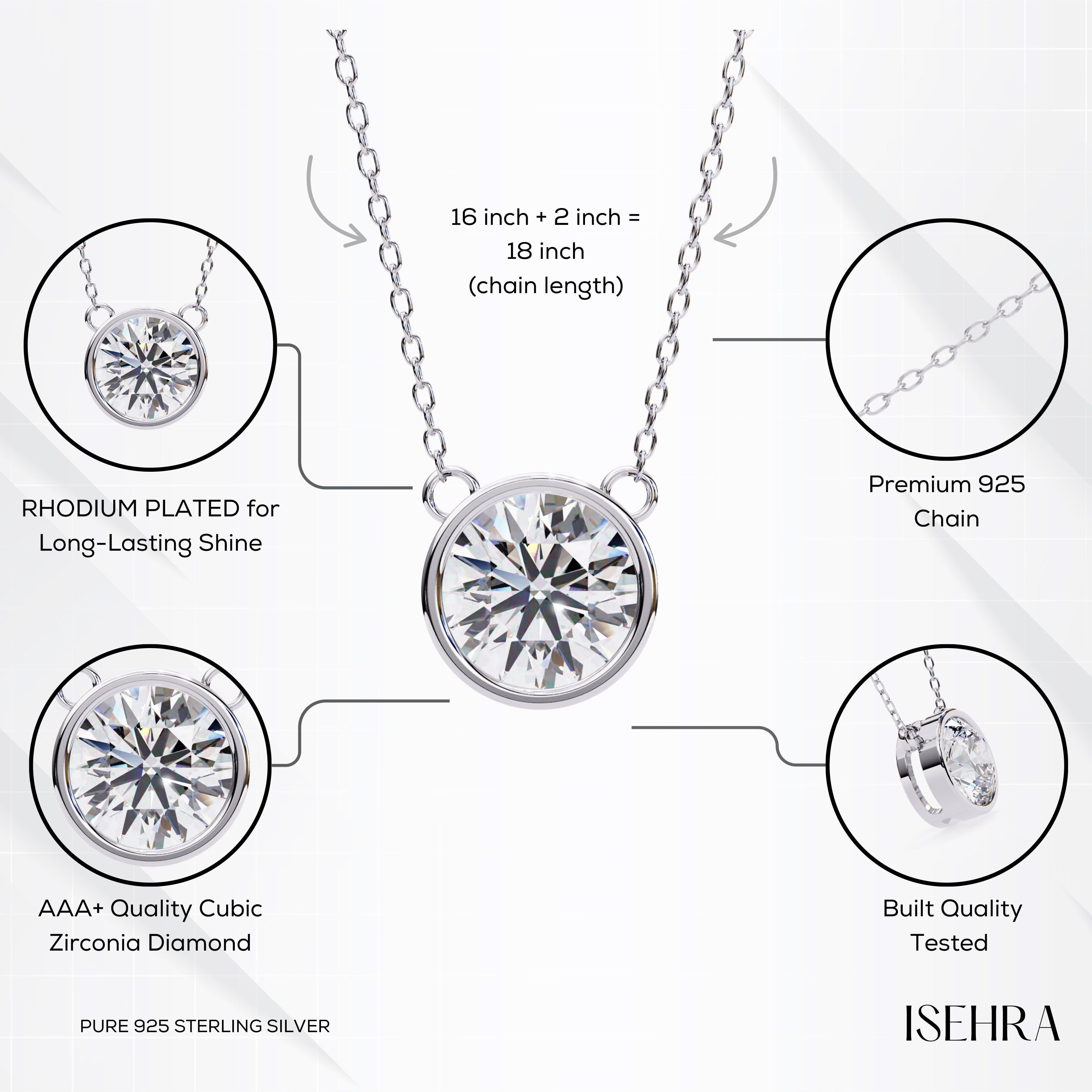 ISEHRA Sleek Bezel Diamond Solitaire Sterling Silver Pendant Necklace for Women