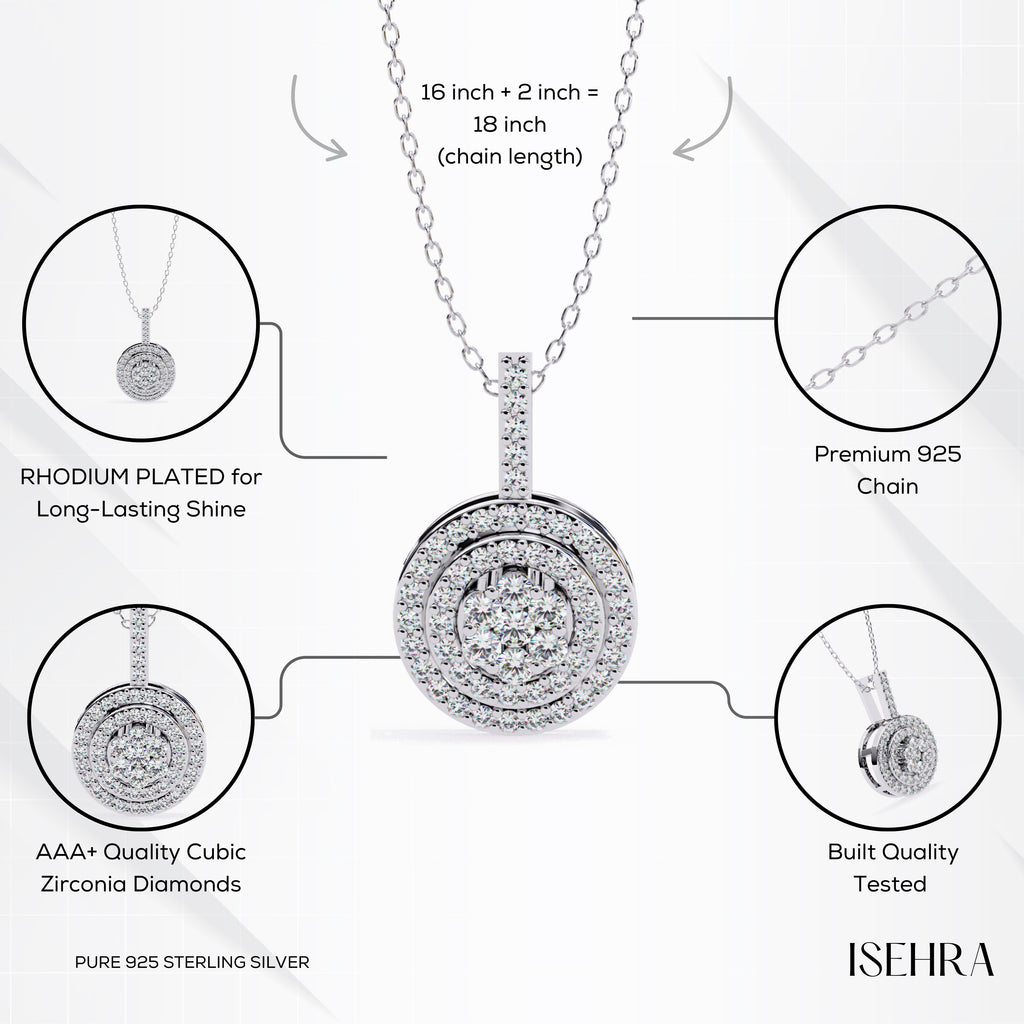 ISEHRA Halo Cluster Sterling Silver Pendant Necklace for Women