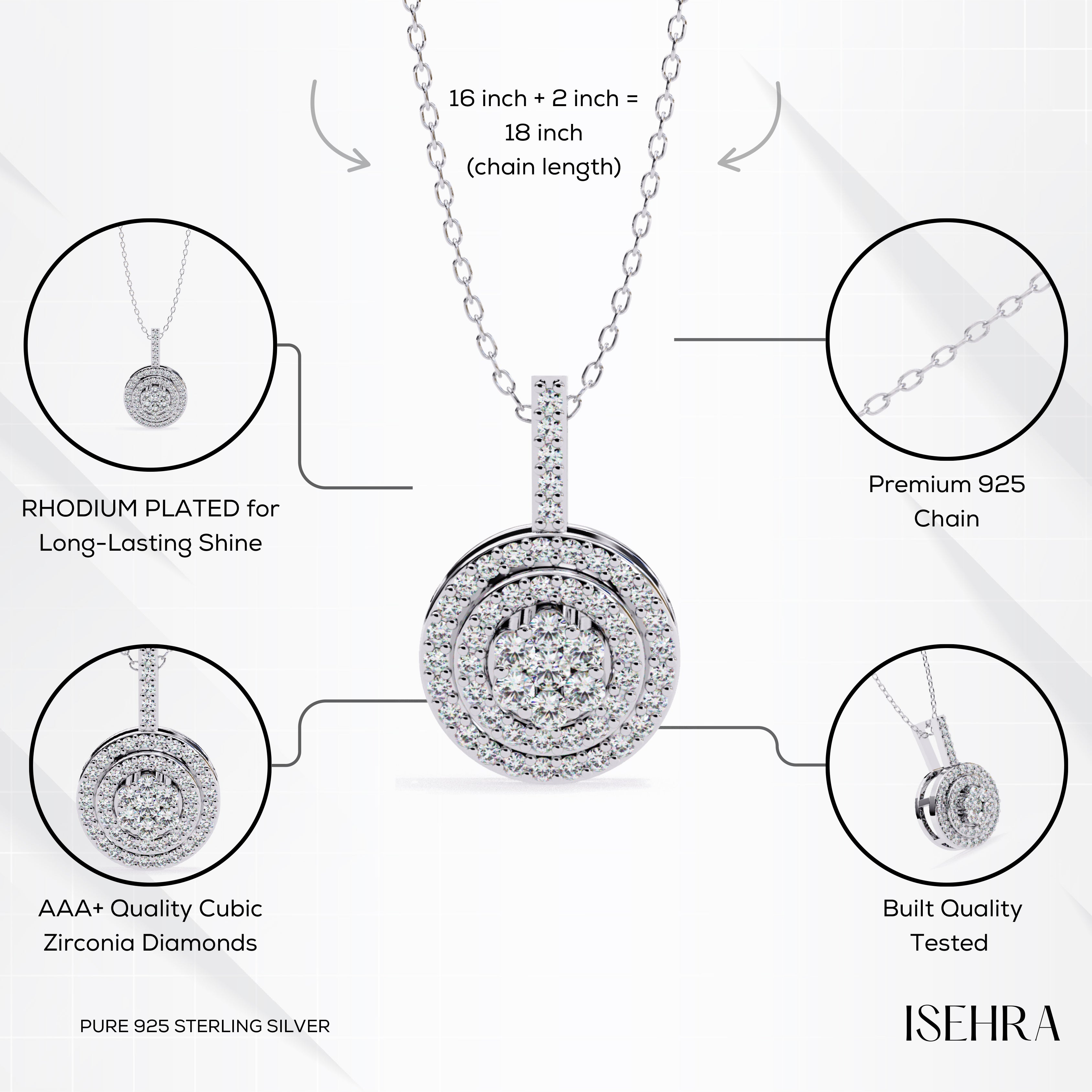 ISEHRA Halo Cluster Sterling Silver Pendant Necklace for Women