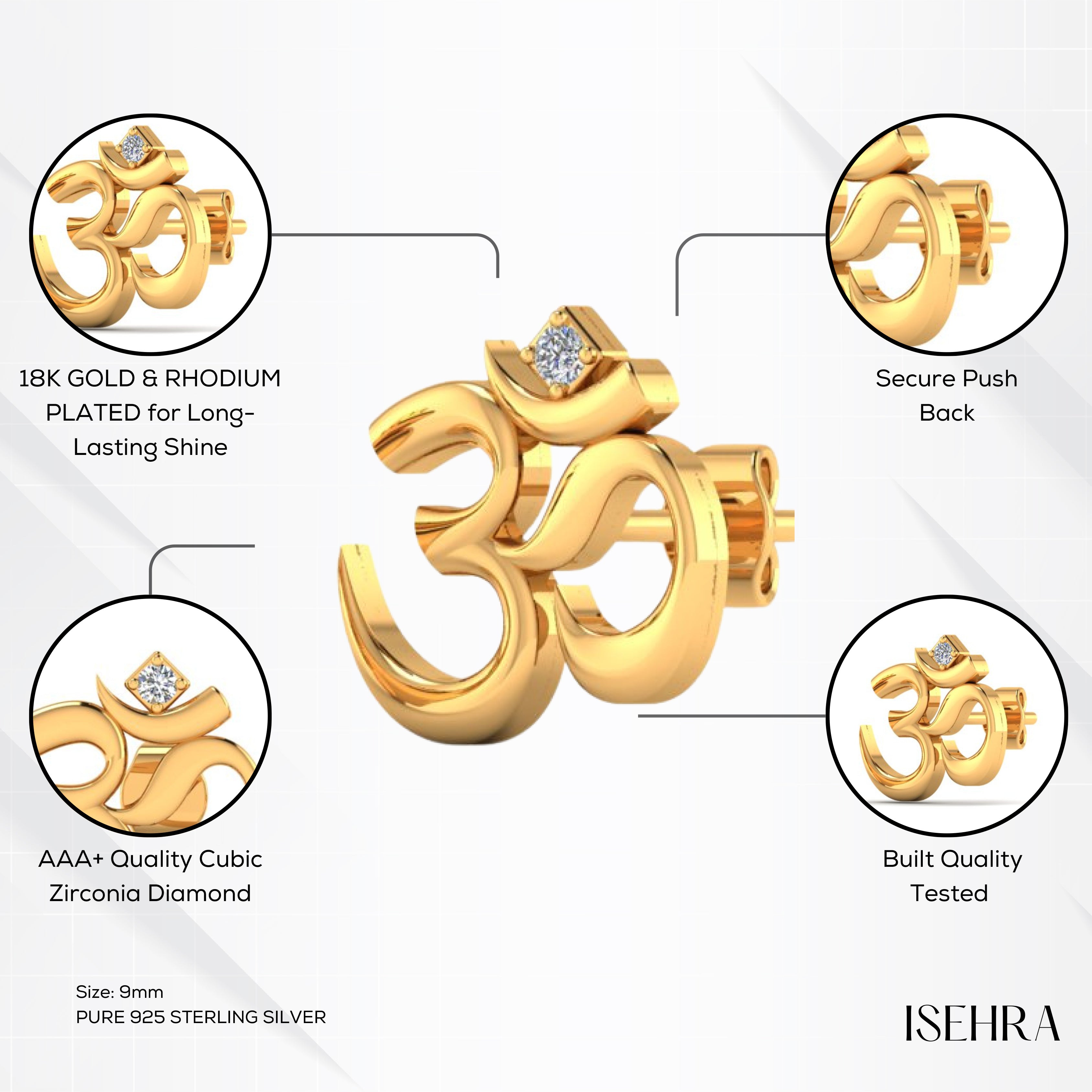 Men's Om Gold 925 Sterling Silver Single Stud Earring