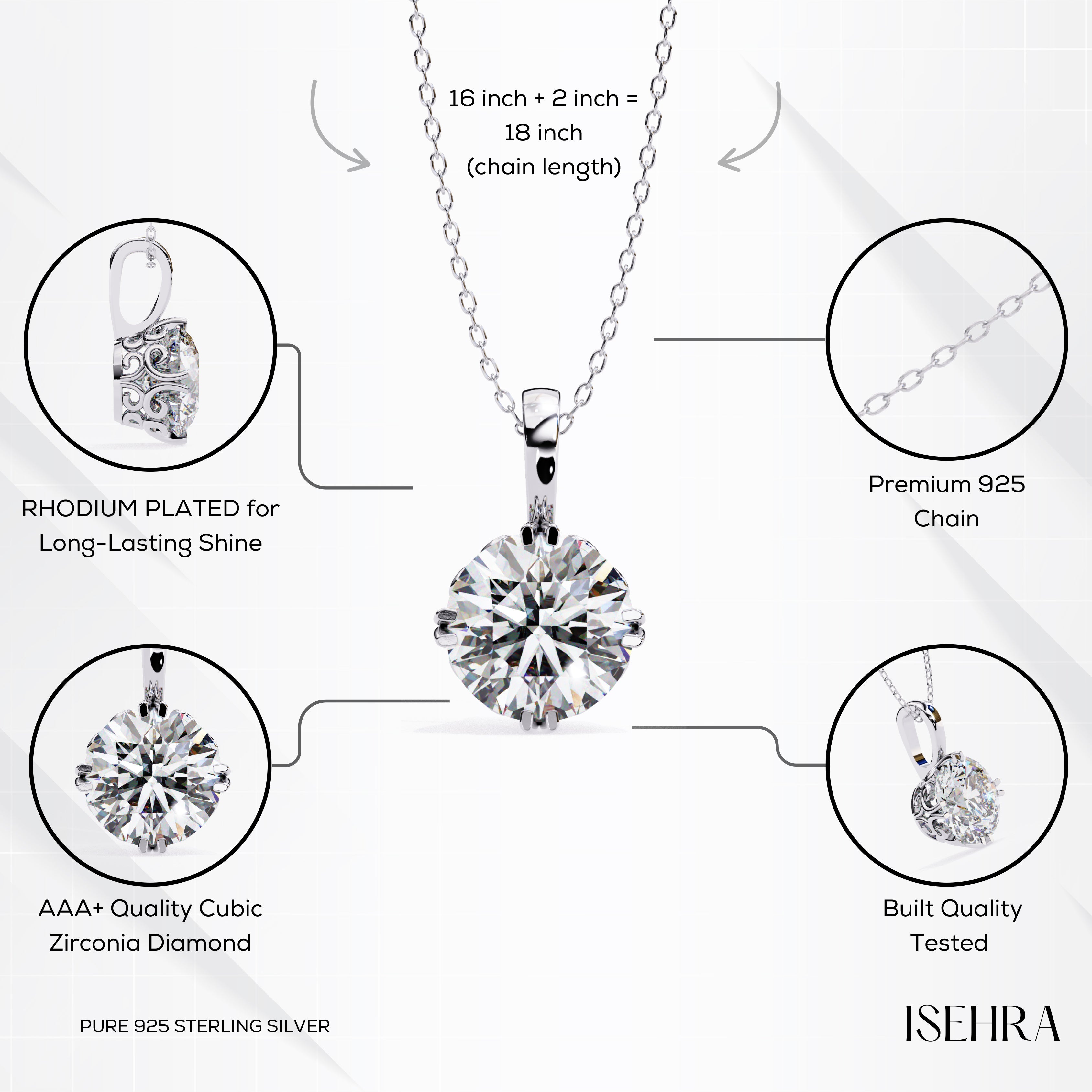 ISEHRA Artisan Glow Solitaire Sterling Silver Pendant Necklace for Women