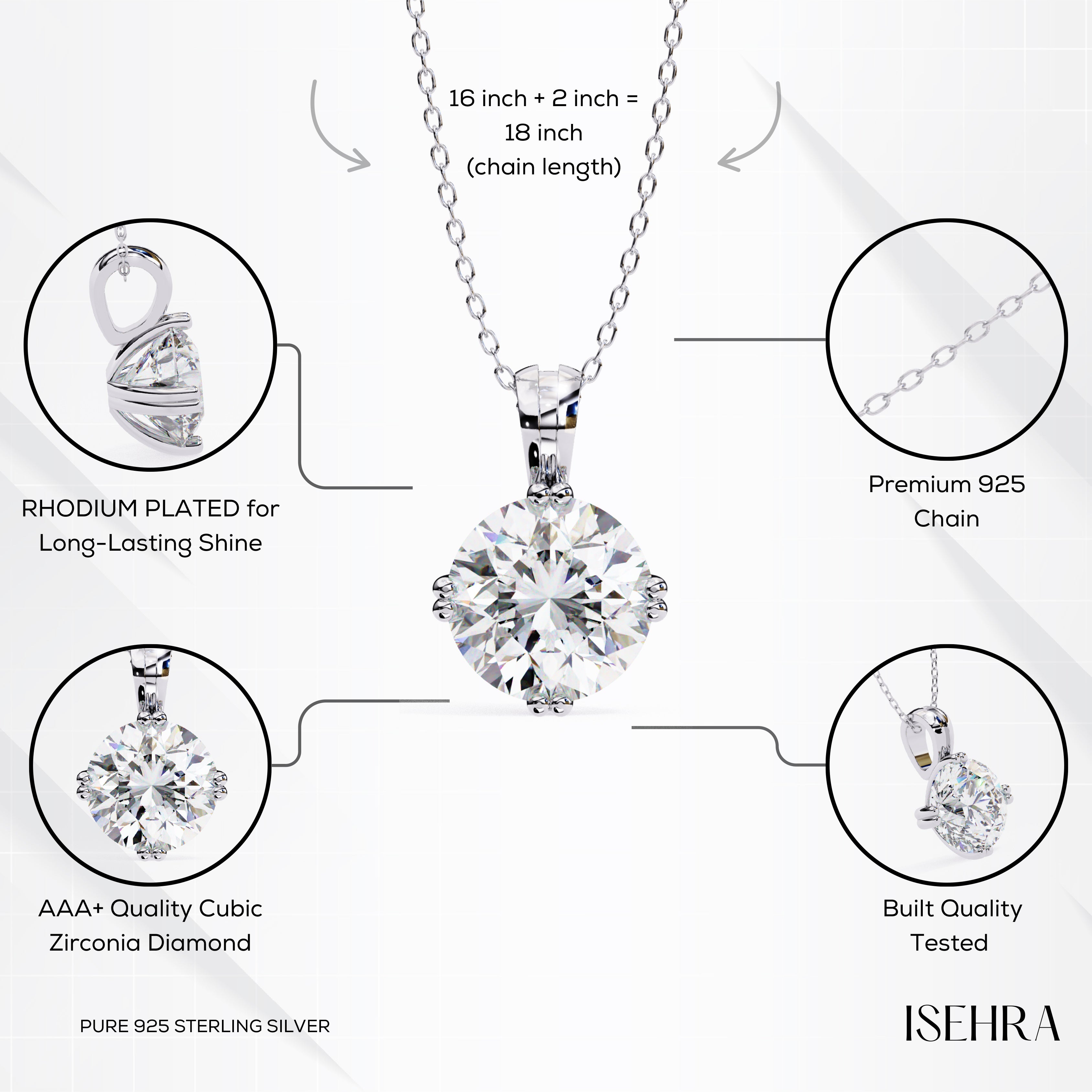 ISEHRA Pure Glimmer Solitaire Sterling Silver Pendant Necklace for Women