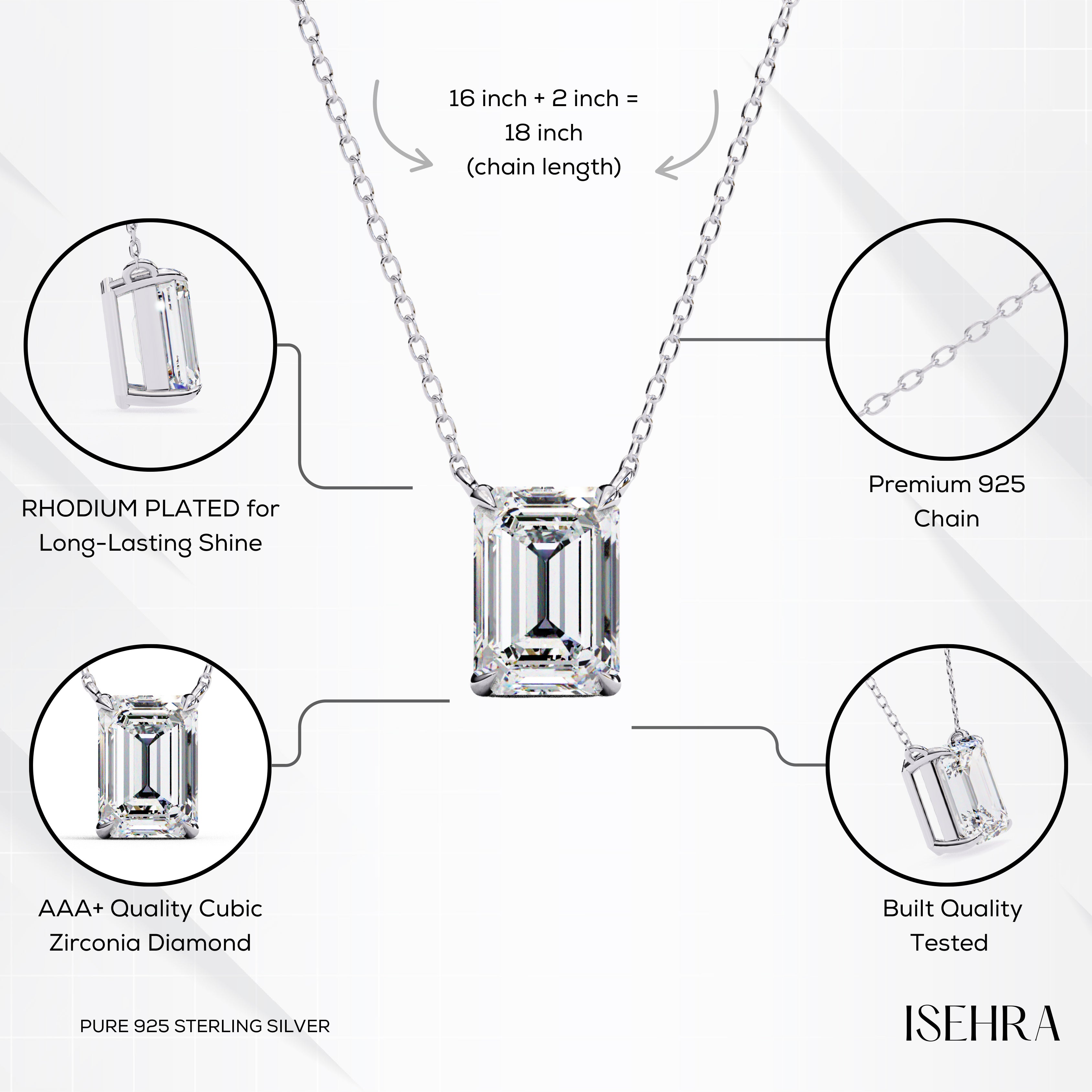 Sterling Silver Emerald-Cut Solitaire Pendant Necklace for Women