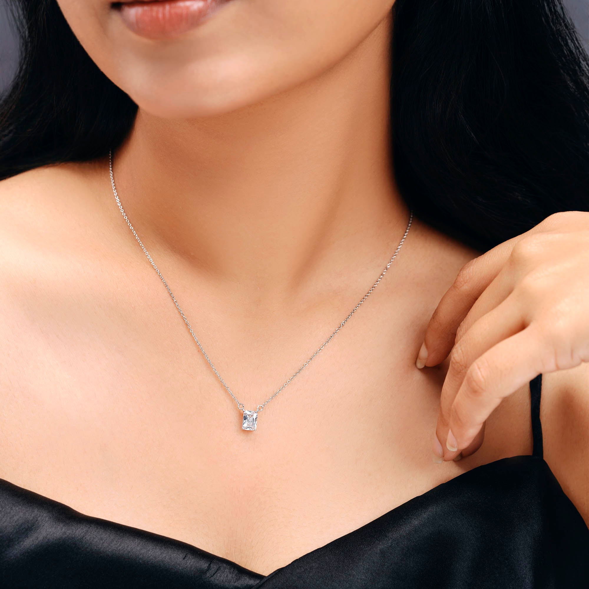 Sterling Silver Emerald-Cut Solitaire Pendant Necklace for Women