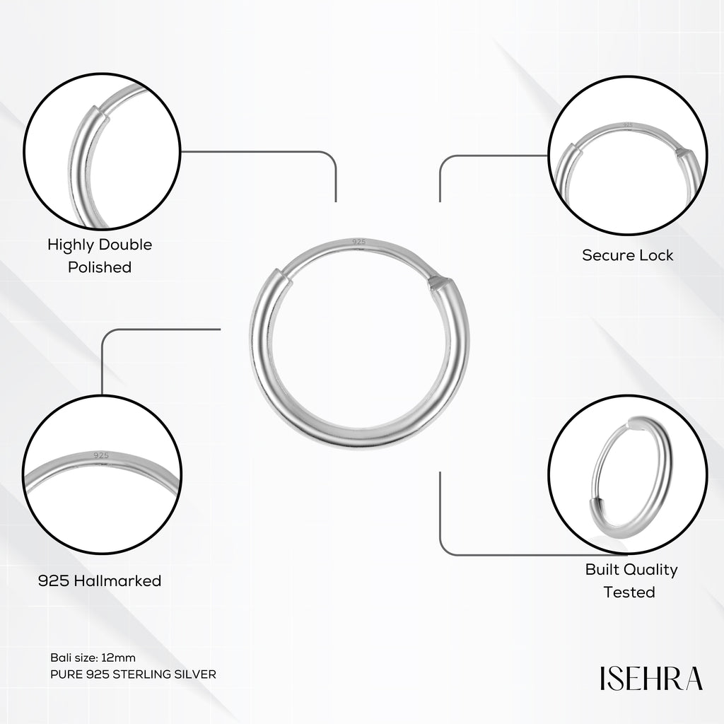 925 Sterling Silver 12mm Plain Bali Hoop Earrings for Women