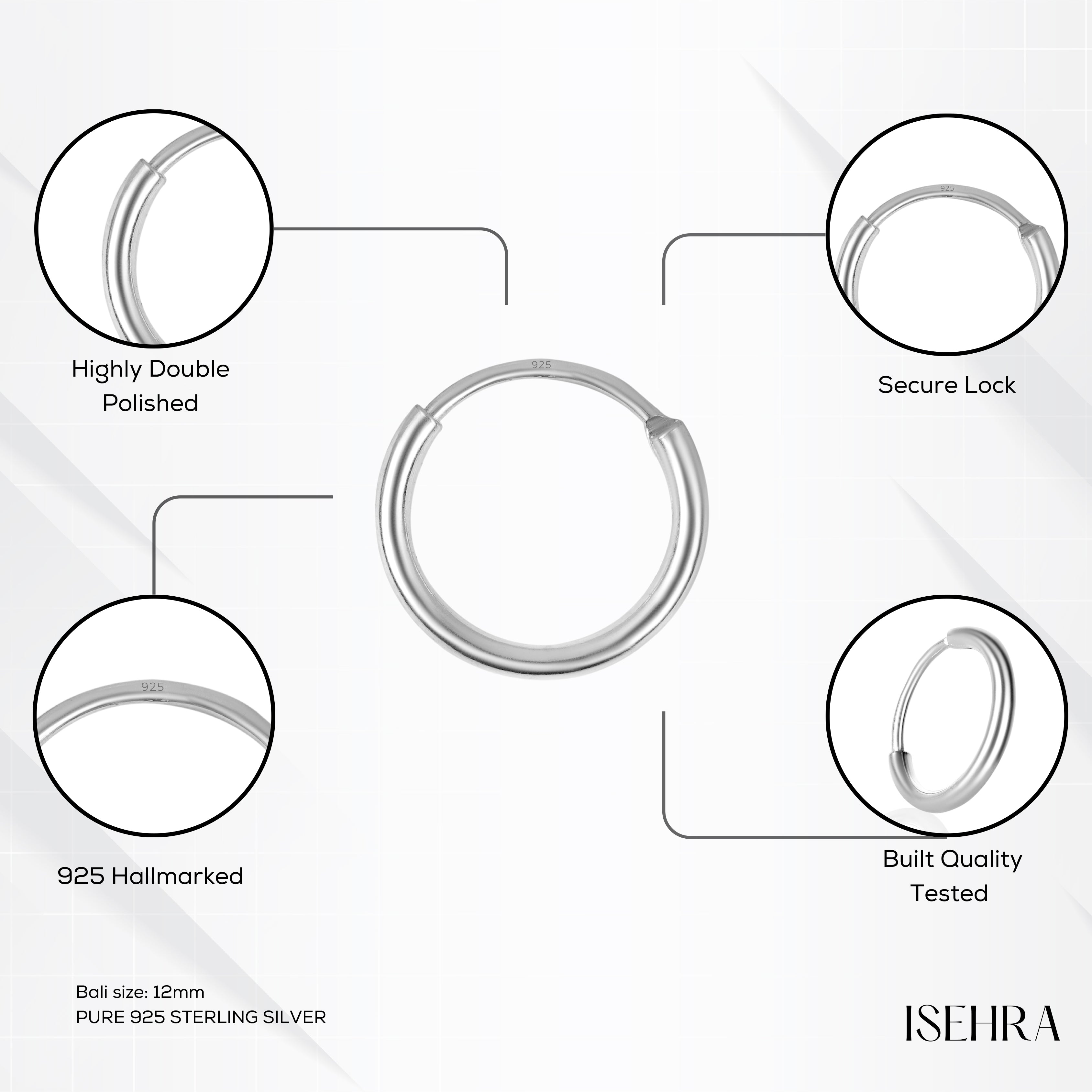 925 Sterling Silver Plain Bali Hoop Earrings for Men